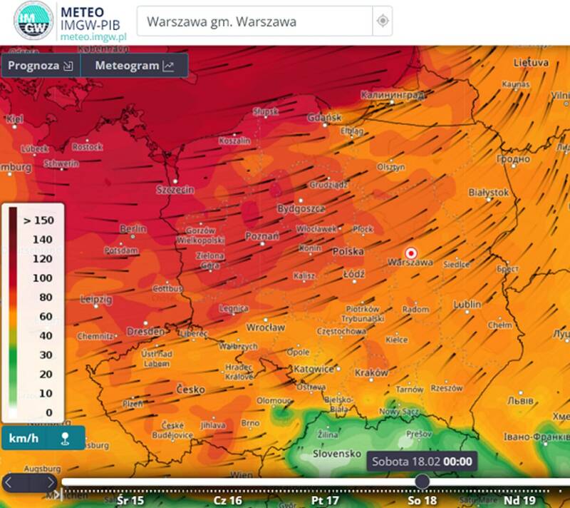 Prognozowana prędkość wiatru w nocy z piątku na sobotę / fot. IMGW